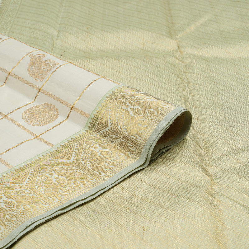 Hayagrivas Handloom Half-White Kanjivaram Silk Saree with Light Pista Green Border KBE2128A6-1