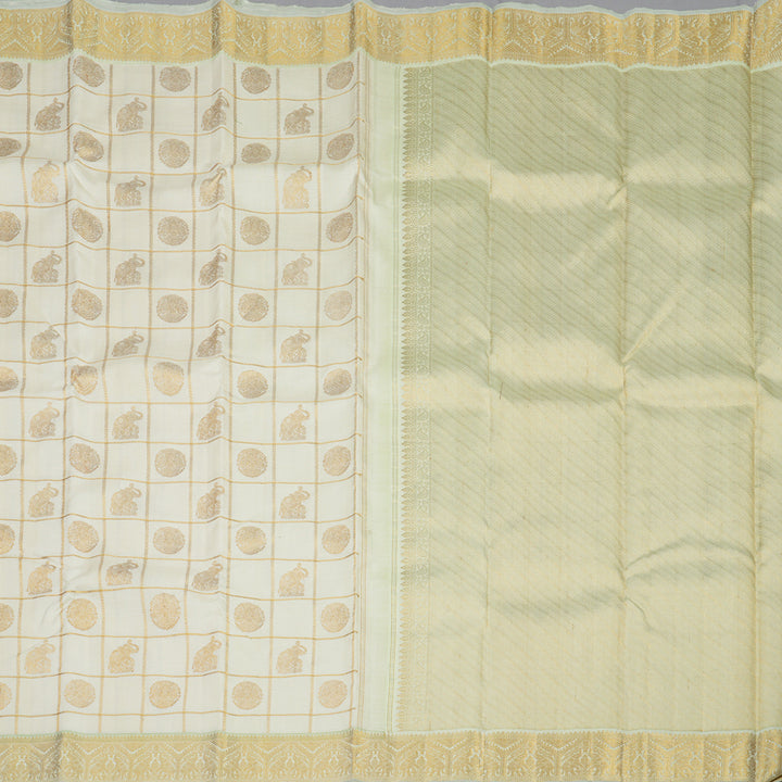 Hayagrivas Handloom Half-White Kanjivaram Silk Saree with Light Pista Green Border KBE2128A6-1