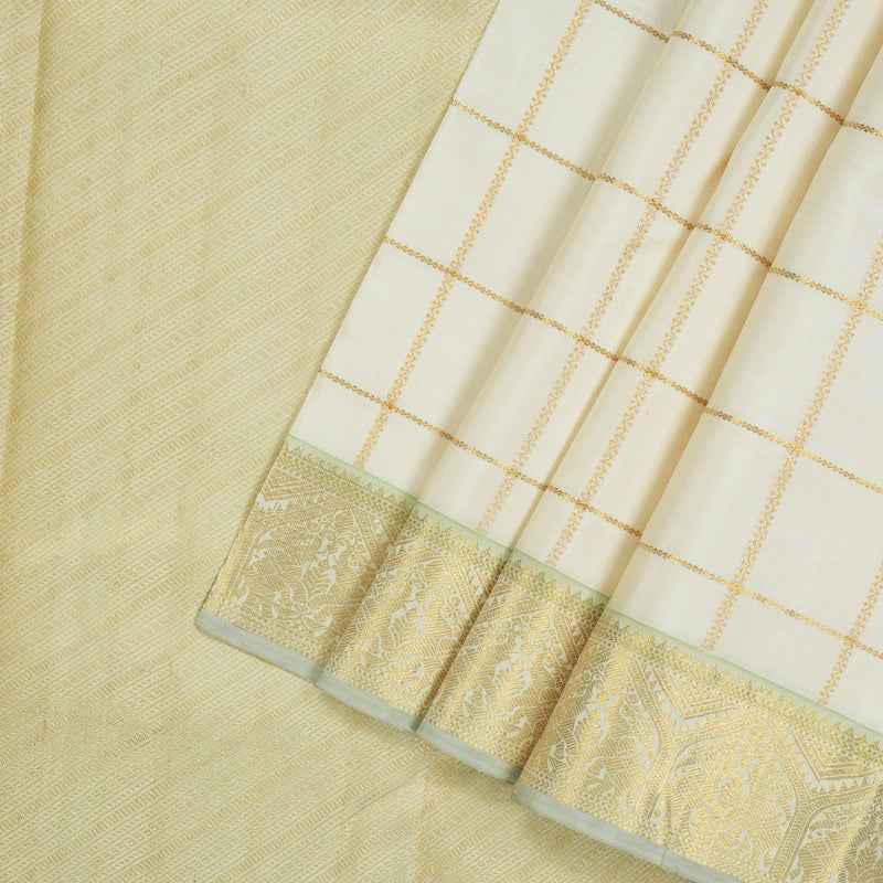 Hayagrivas Handloom Half-White Kanjivaram Silk Saree with Light Pista Green Border KBE2128A6-1