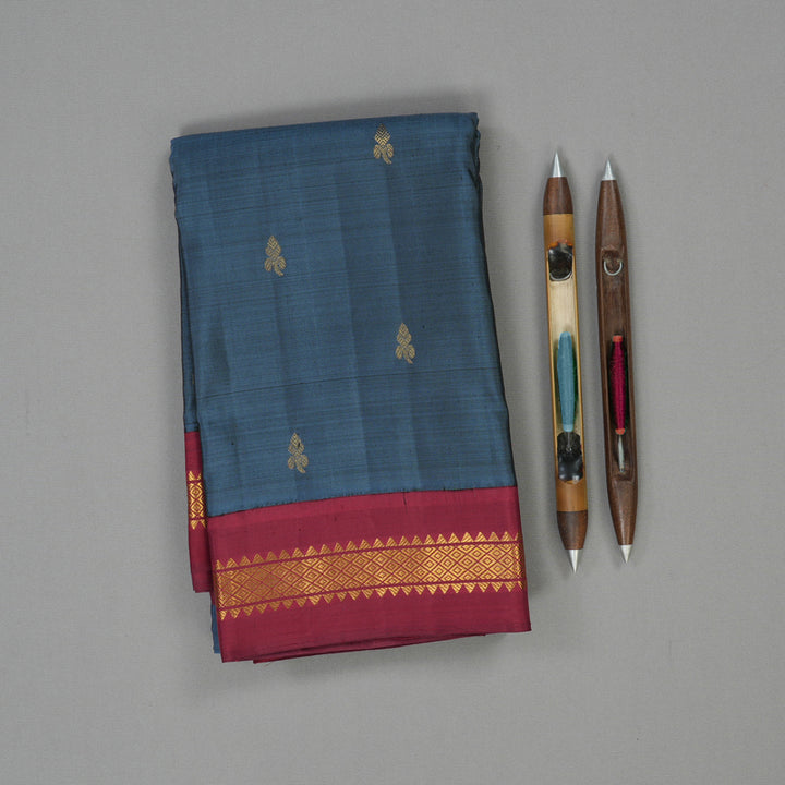 Hayagrivas Handloom Dark Grey Kanjivaram Silk Saree with Maroon border KBE1982L7-1