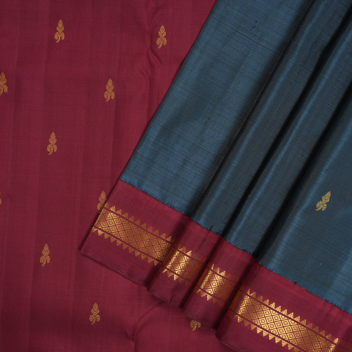 Hayagrivas Handloom Dark Grey Kanjivaram Silk Saree with Maroon border KBE1982L7-1