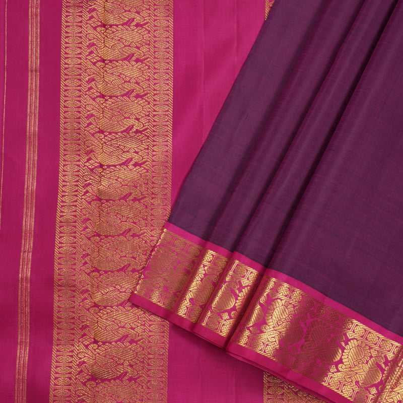 Hayagrivas Dark Purple Handloom Kanjivaram Ten Yards Silk Saree with Pink Border KBE198D1-1