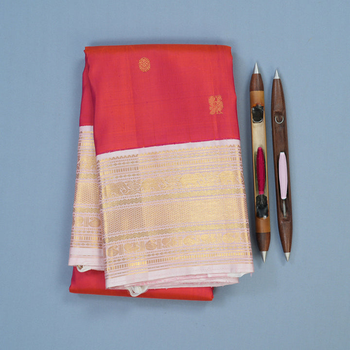 Hayagrivas Handloom Orangish-Pink Kanjivaram Silk Saree with Baby Pink Border KBE1997L2-5