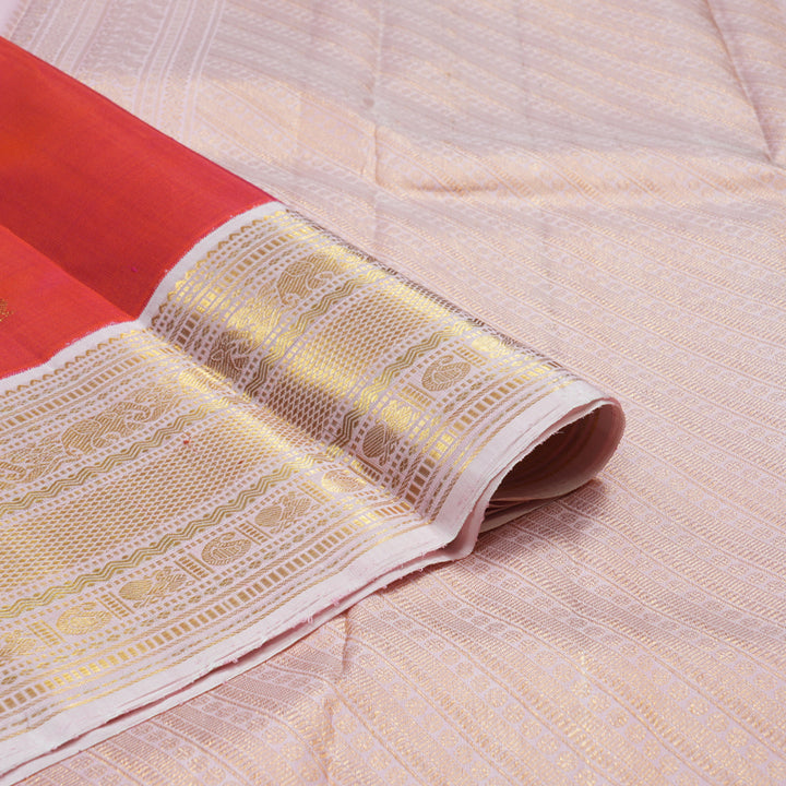 Hayagrivas Handloom Orangish-Pink Kanjivaram Silk Saree with Baby Pink Border KBE1997L2-5