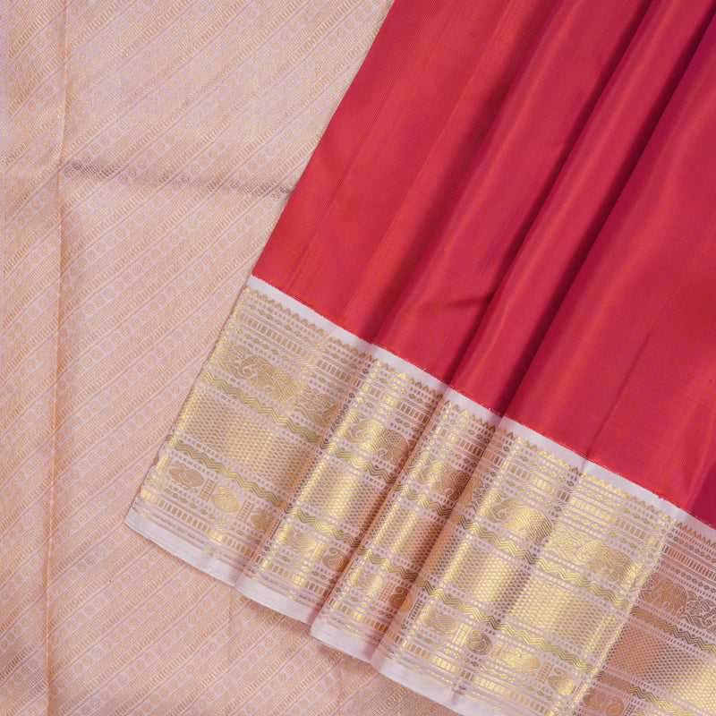 Hayagrivas Handloom Orangish-Pink Kanjivaram Silk Saree with Baby Pink Border KBE1997L2-5