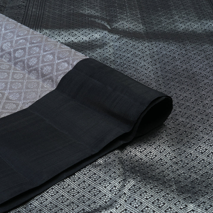 Hayagrivas Handloom Silver Grey Kanjivaram Silk Saree with Black Border KBE1999L19-1