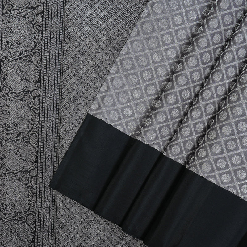 Hayagrivas Handloom Silver Grey Kanjivaram Silk Saree with Black Border KBE1999L19-1