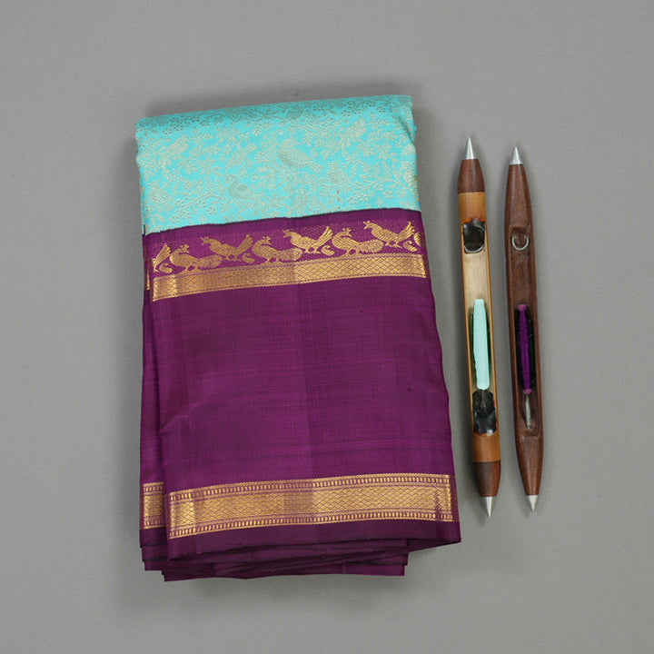 Hayagrivas Handloom Powder Blue Kanjivaram Silk Saree with Purple Border KBE1999L33-1