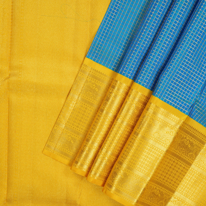 Hayagrivas Handloom Blue-Green Kanjivaram Silk Saree with Yellow Border KBE1999L36-1
