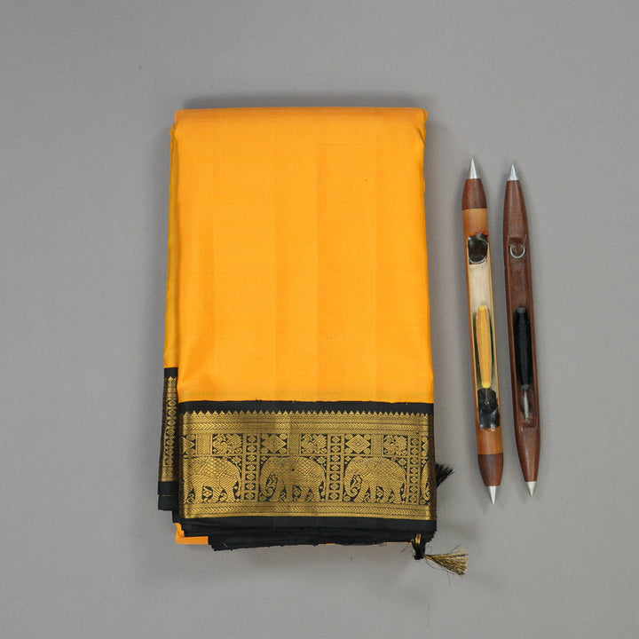 Hayagrivas Handloom Mango Yellow Kanjivaram Silk Saree with Black Border KBE2022L2-5