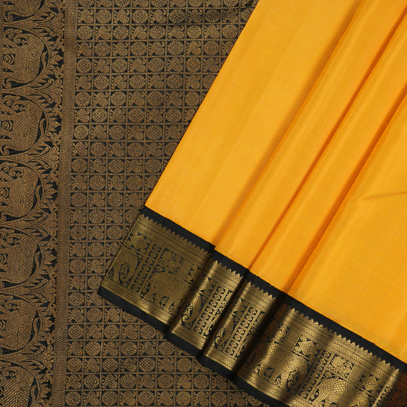 Hayagrivas Handloom Mango Yellow Kanjivaram Silk Saree with Black Border KBE2022L2-5