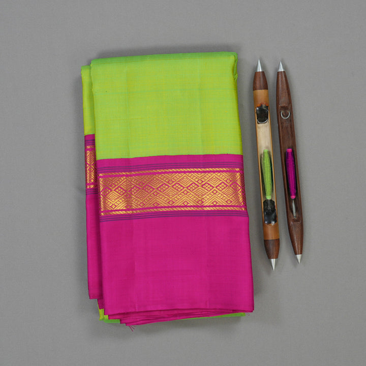 Hayagrivas Handloom Fluorescent Green Kanjivaram Silk Saree with Rani Pink Border KBE2033A4-2