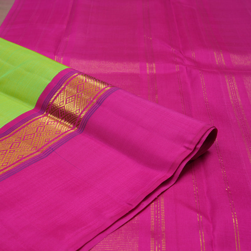 Hayagrivas Handloom Fluorescent Green Kanjivaram Silk Saree with Rani Pink Border KBE2033A4-2