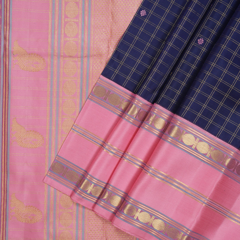 Hayagrivas Handloom Dark Blue Kanjivaram Silk Saree with Rose Pink Border KBE2034A7-1