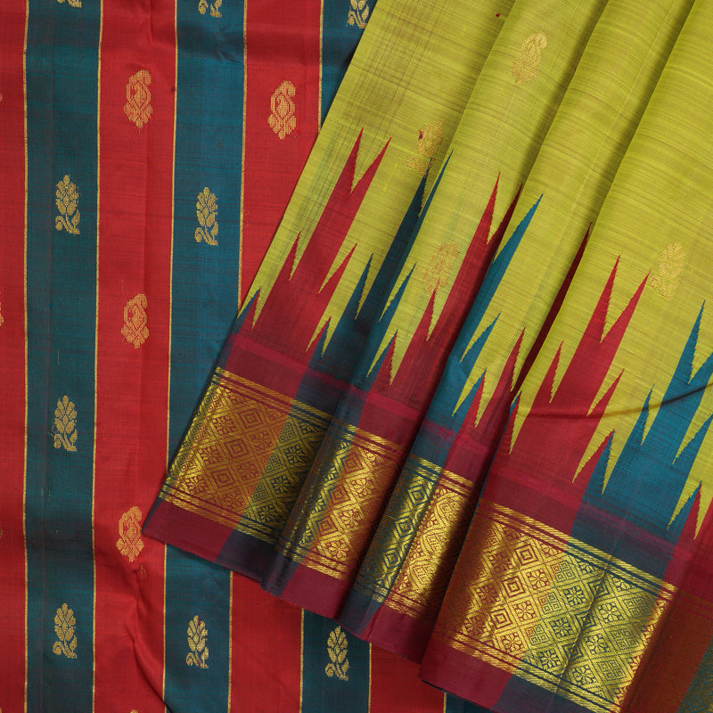 Hayagrivas Yellowish-Green One-sided Border Kanjivaram Silk Saree KBE2037A1-15