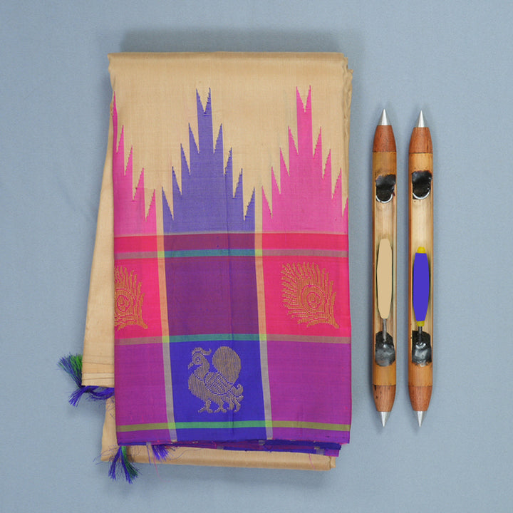 Hayagrivas Sandal Beige Pure One-sided border Kanjivaram Silk Saree KBE2038A8-1