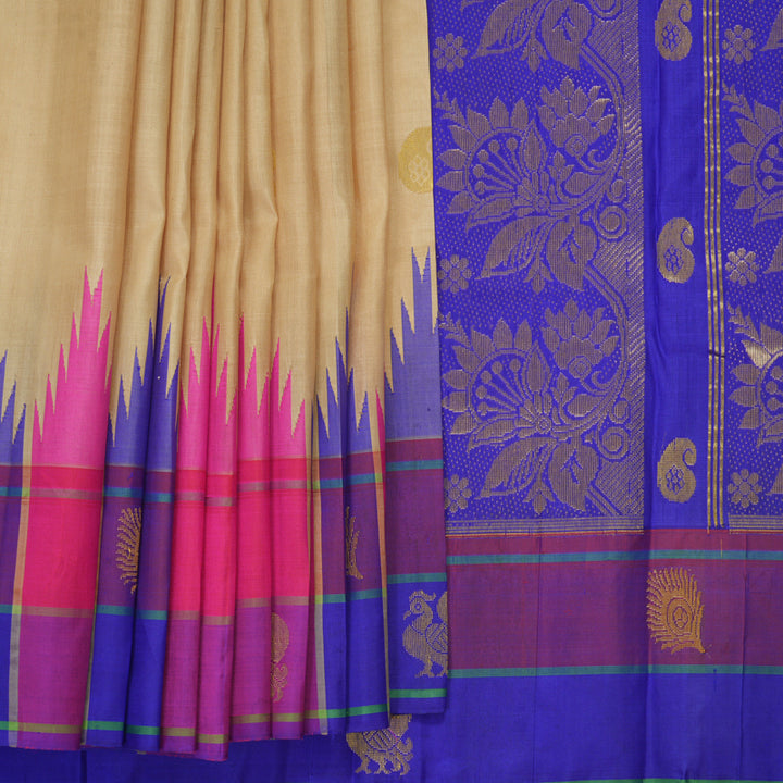 Hayagrivas Sandal Beige Pure One-sided border Kanjivaram Silk Saree KBE2038A8-1