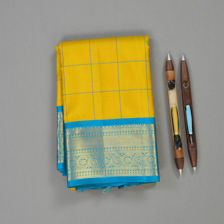 Hayagrivas Handloom Yellow Kanjivaram Silk Saree with Aqua Blue Border KBE2041A4-1