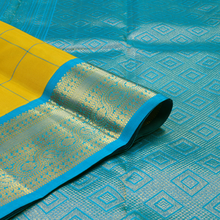 Hayagrivas Handloom Yellow Kanjivaram Silk Saree with Aqua Blue Border KBE2041A4-1