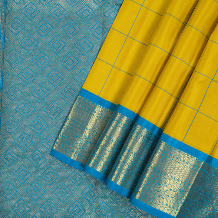 Hayagrivas Handloom Yellow Kanjivaram Silk Saree with Aqua Blue Border KBE2041A4-1