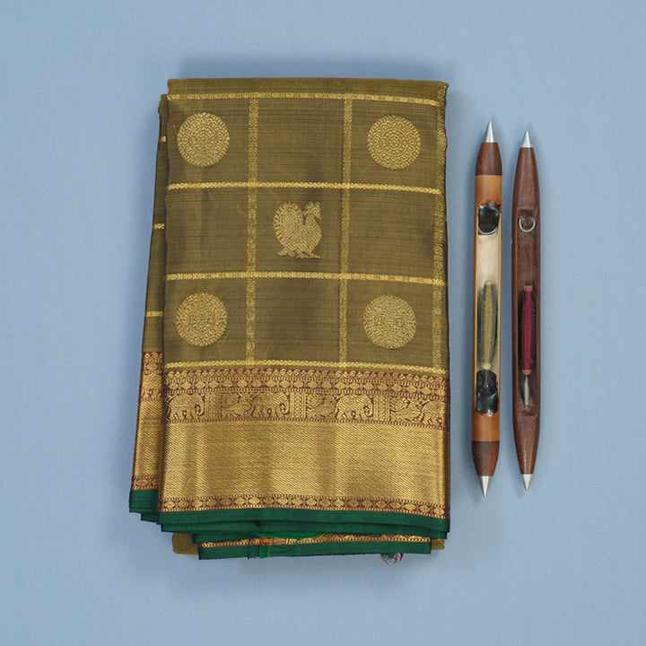 Hayagrivas Handloom Wheat Brown Kanjivaram Silk Saree with Wine Maroon Border KBE2045A4-1
