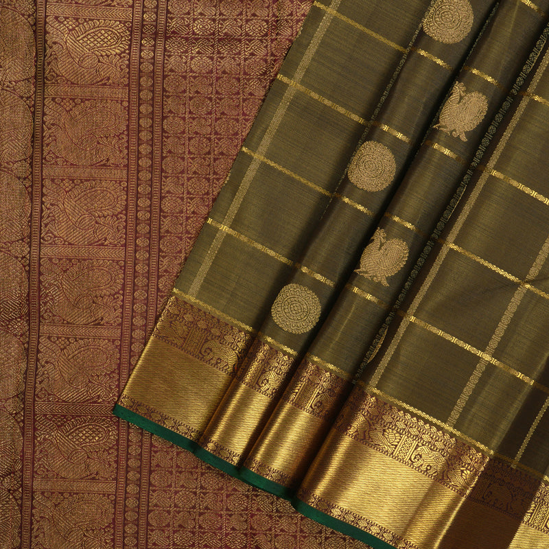 Hayagrivas Handloom Wheat Brown Kanjivaram Silk Saree with Wine Maroon Border KBE2045A4-1