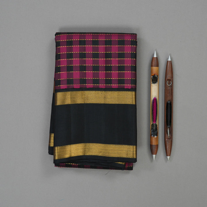 Hayagrivas Handloom Burgundy & Black Checks Kanjivaram Silk Saree KBE2046A6-1