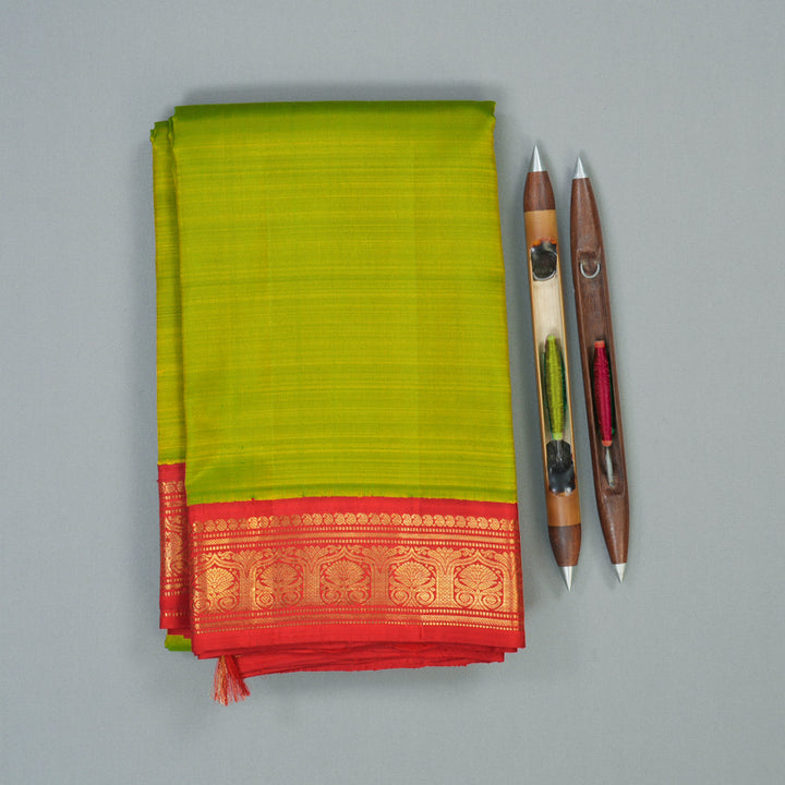 Hayagrivas Handloom Fluorescent Green Kanjivaram Silk Saree with Red Border KBE2047A3-1