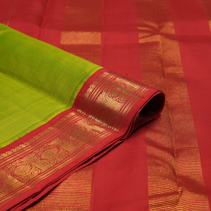 Hayagrivas Handloom Fluorescent Green Kanjivaram Silk Saree with Red Border KBE2047A3-1