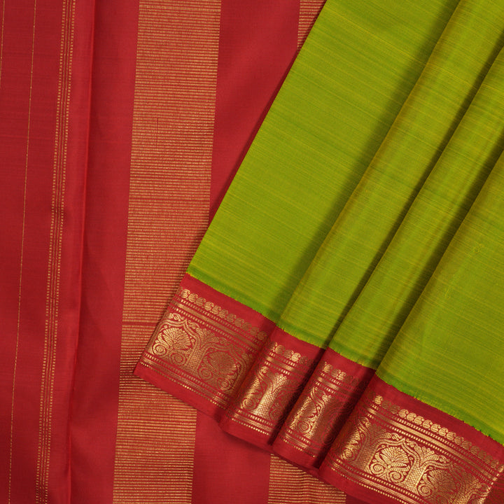Hayagrivas Handloom Fluorescent Green Kanjivaram Silk Saree with Red Border KBE2047A3-1