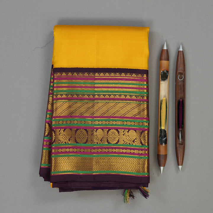 Hayagrivas Handloom Yellow Kanjivaram Silk Saree with Plum Purple Border KBE2048A8-1