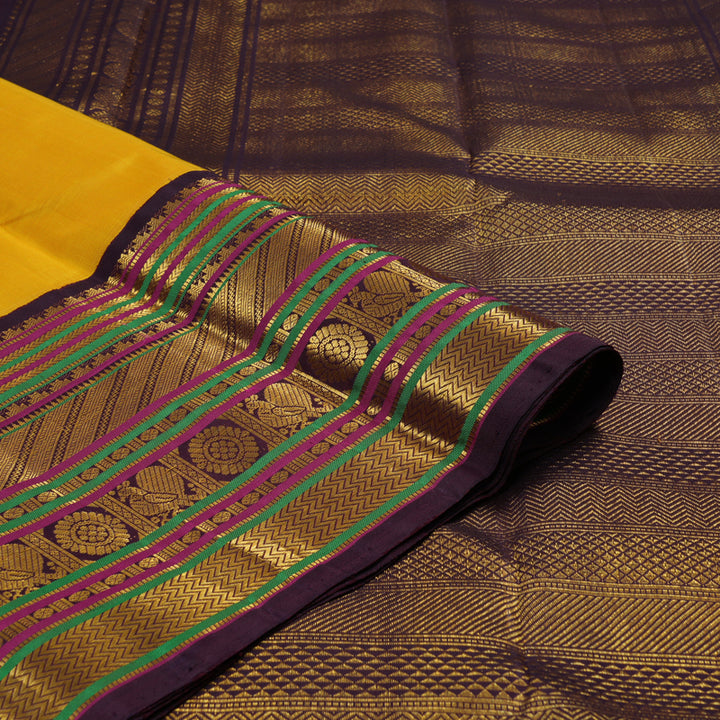 Hayagrivas Handloom Yellow Kanjivaram Silk Saree with Plum Purple Border KBE2048A8-1
