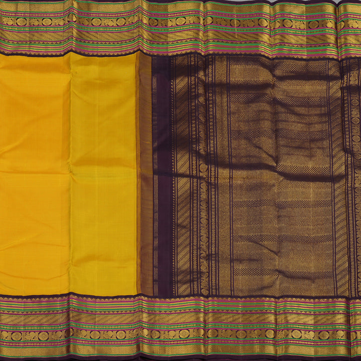 Hayagrivas Handloom Yellow Kanjivaram Silk Saree with Plum Purple Border KBE2048A8-1