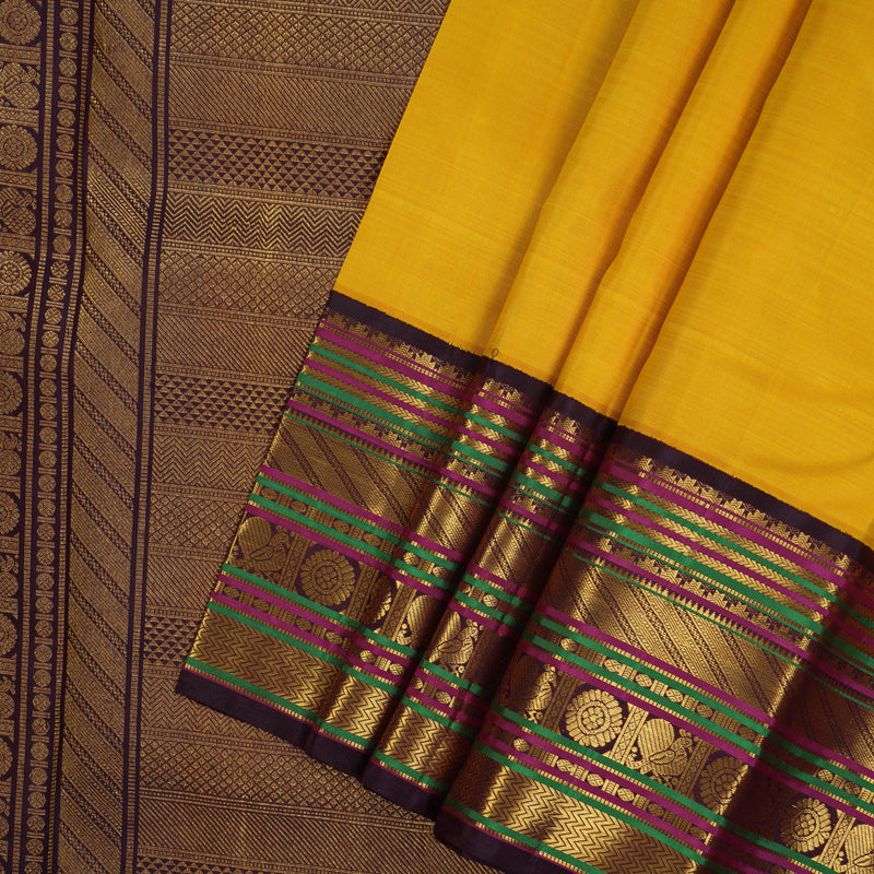 Hayagrivas Handloom Yellow Kanjivaram Silk Saree with Plum Purple Border KBE2048A8-1