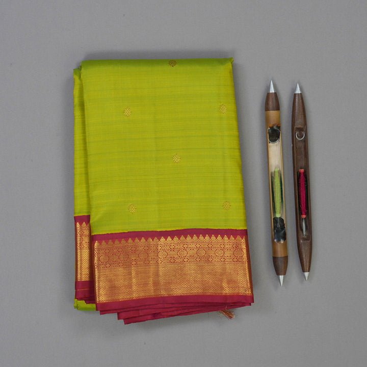 Hayagrivas Handloom Fluorescent Green Kanjivaram Silk Saree with Maroon Border KBE2052A9-1