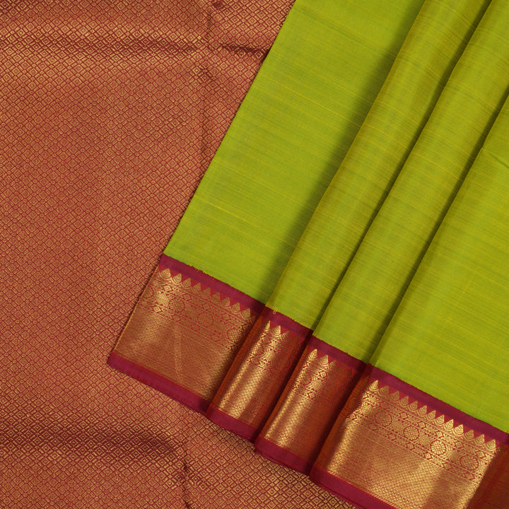 Hayagrivas Handloom Fluorescent Green Kanjivaram Silk Saree with Maroon Border KBE2052A9-1