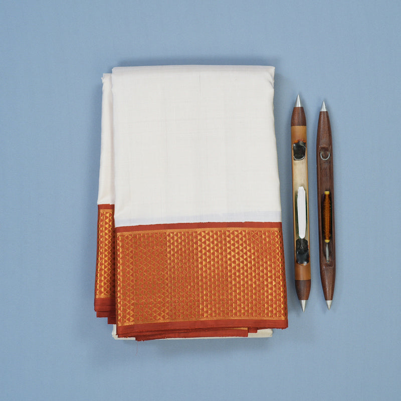 Hayagrivas Handloom Half-White Kanjivaram Silk Saree with Rust Orange Border KBE2053A2-2