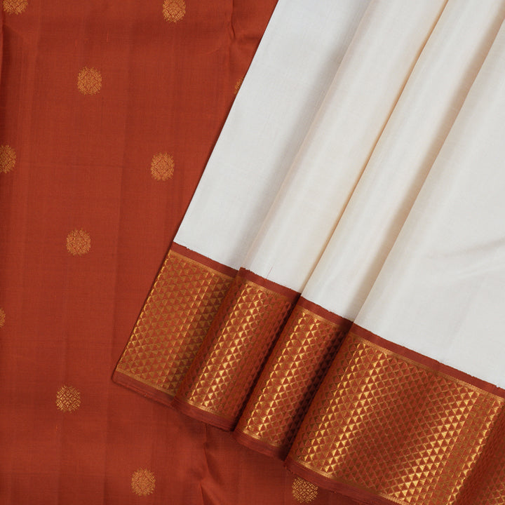 Hayagrivas Handloom Half-White Kanjivaram Silk Saree with Rust Orange Border KBE2053A2-2