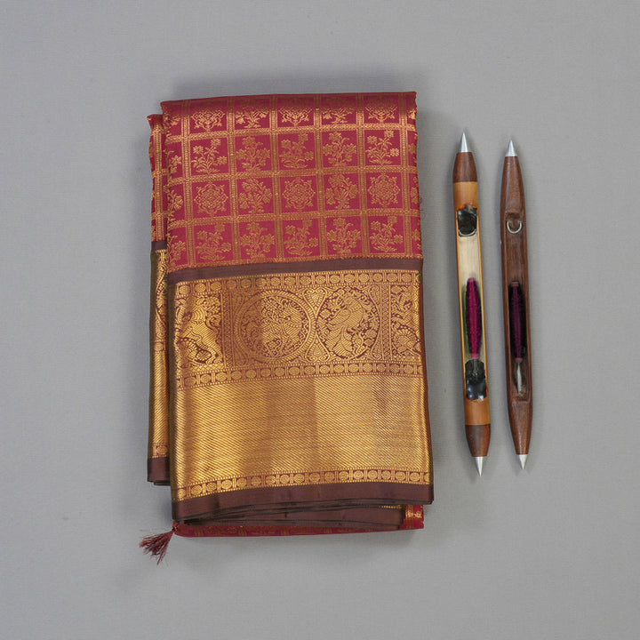 Hayagrivas Handloom Maroon Kanjivaram Silk Saree with Brown Border KBE2053A6-1