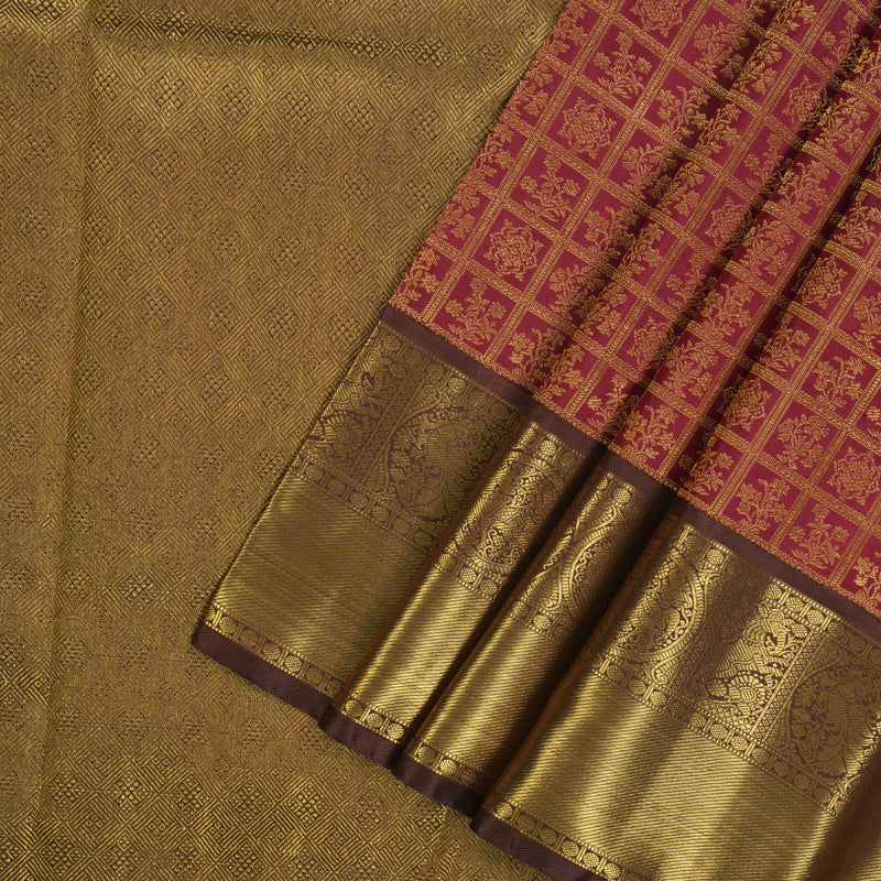 Hayagrivas Handloom Maroon Kanjivaram Silk Saree with Brown Border KBE2053A6-1