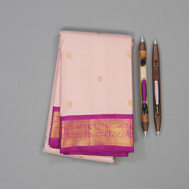 Hayagrivas Handloom Peach Pink Kanjivaram Silk Saree with Purple Border KBE2066A5-1
