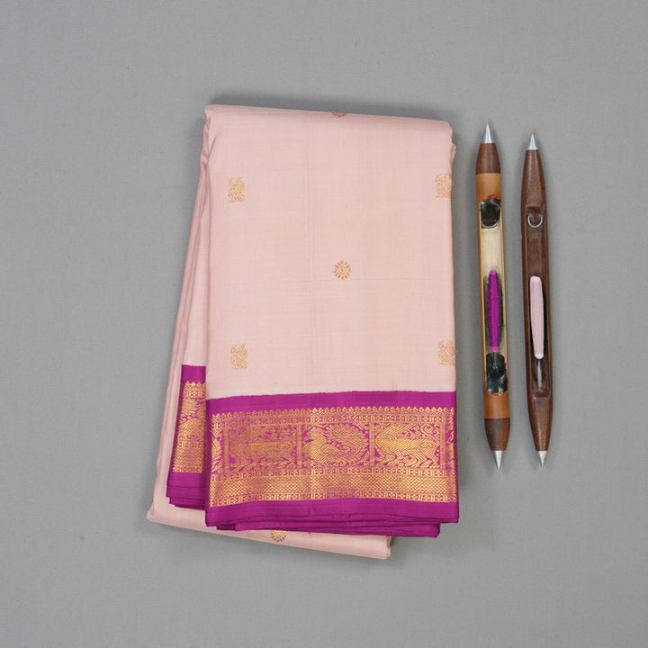 Hayagrivas Handloom Peach Pink Kanjivaram Silk Saree with Purple Border KBE2066A5-1