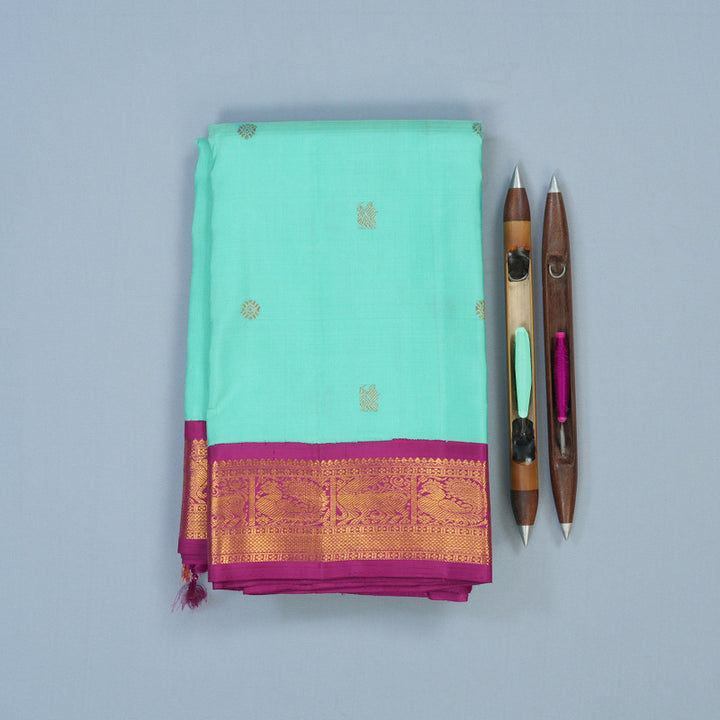 Hayagrivas Handloom Sea Green Kanjivaram Silk Saree with Magenta Border KBE2066A5-2