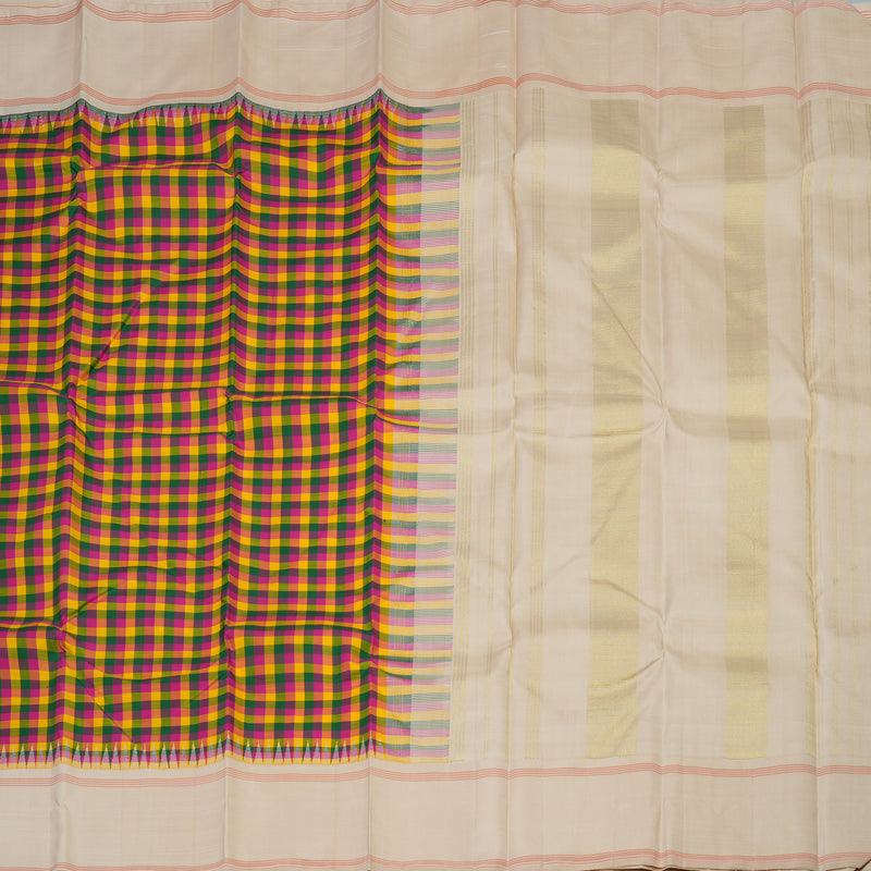 Hayagrivas Handloom Multicolour Checks Kanjivaram Silk Saree with Cream Border KBE2066A6-1