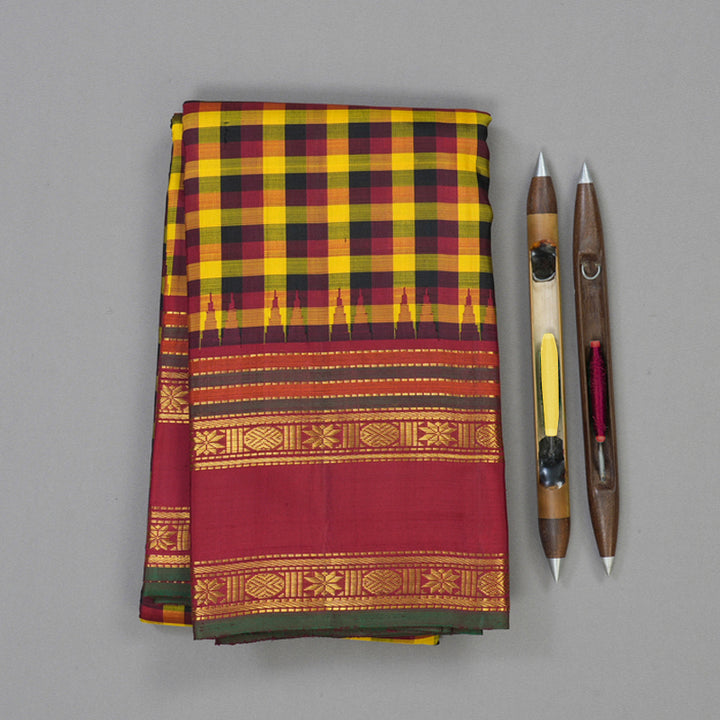 Hayagrivas Handloom Multicolour Checks Kanjivaram Silk Saree with Maroon Border KBE2066A8-1