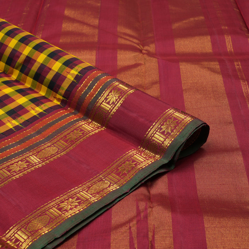 Hayagrivas Handloom Multicolour Checks Kanjivaram Silk Saree with Maroon Border KBE2066A8-1