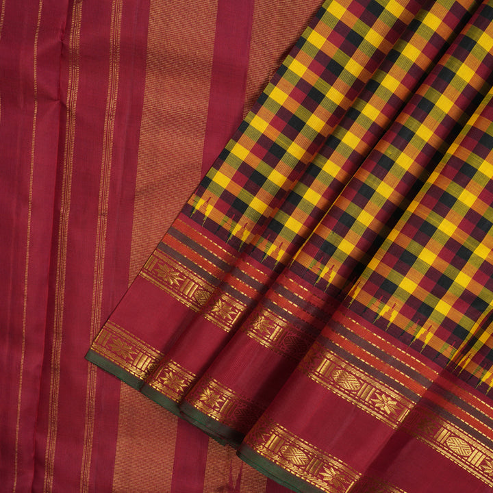 Hayagrivas Handloom Multicolour Checks Kanjivaram Silk Saree with Maroon Border KBE2066A8-1