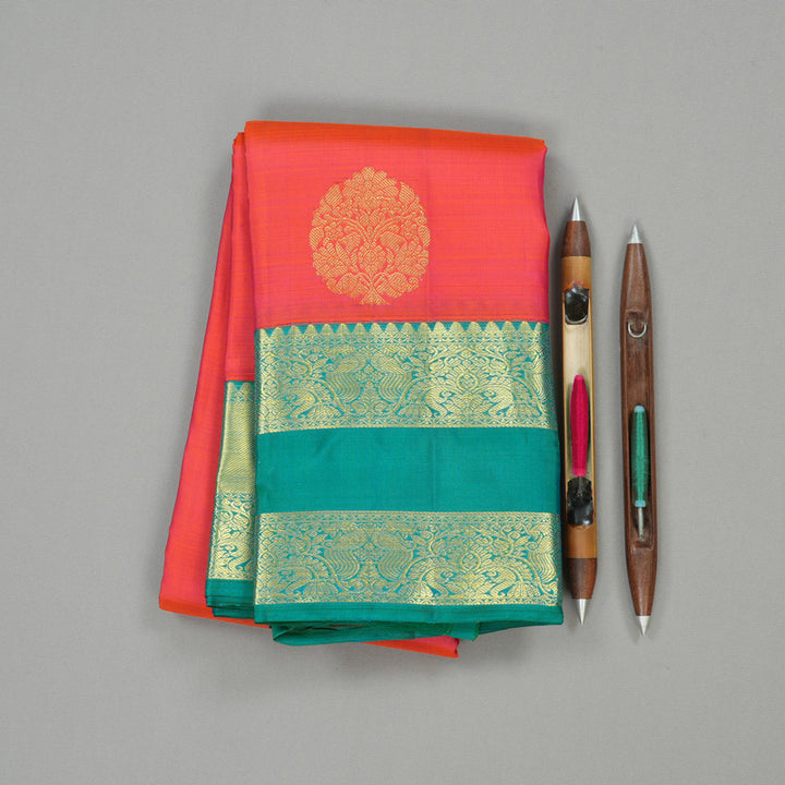 Hayagrivas Orangish Pink Handloom Kanjivaram Silk Saree with Sea Blue Border KBE206D1-1