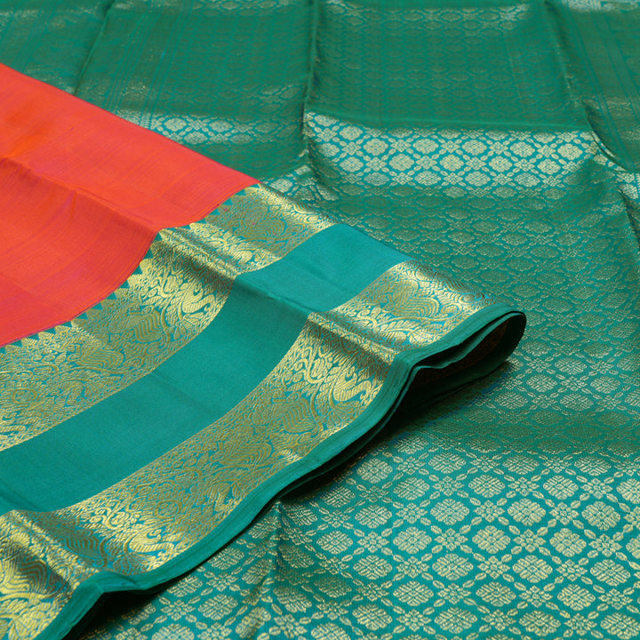 Hayagrivas Orangish Pink Handloom Kanjivaram Silk Saree with Sea Blue Border KBE206D1-1