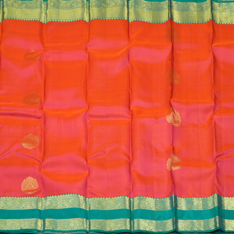 Hayagrivas Orangish Pink Handloom Kanjivaram Silk Saree with Sea Blue Border KBE206D1-1